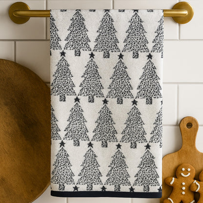 Kitchen tea towel with black tree pattern on a white background. Festive Christmas hand towels set.