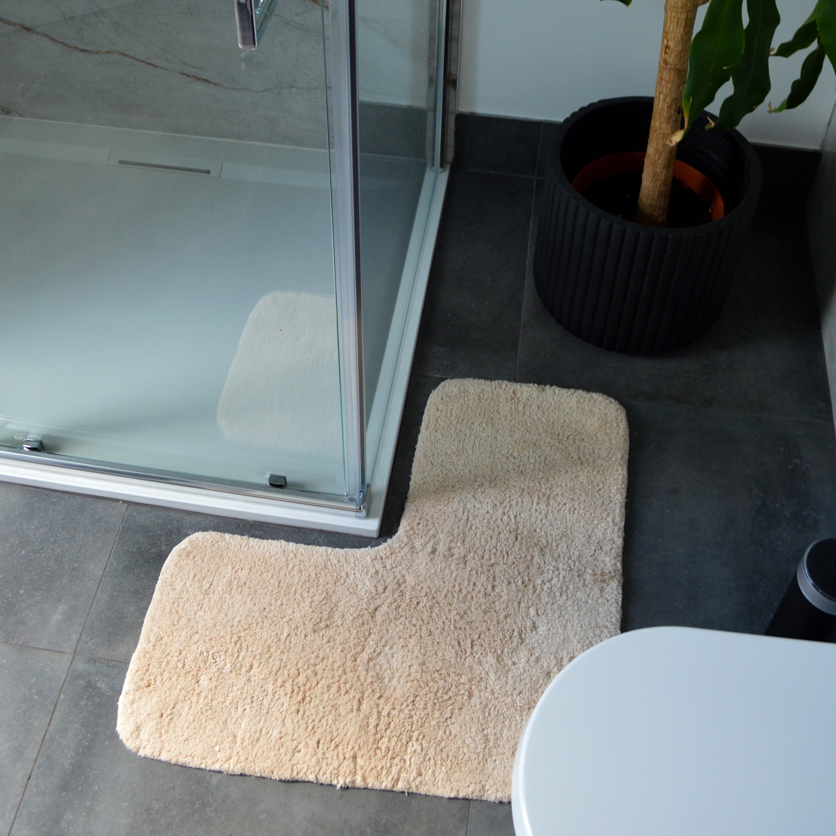 Stone/Neutral shaped corner bath mat for shower unit