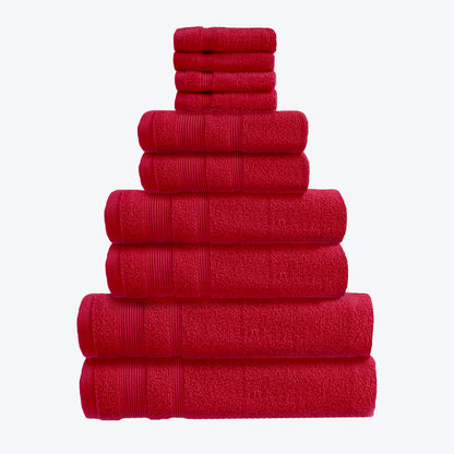 Cranberry Red Zero Twist 10pc Towel Set Egyptian Cotton Bathroom Towel Bale. Hand Towels, Bath Towels, Bath Sheets, and Face Cloths
