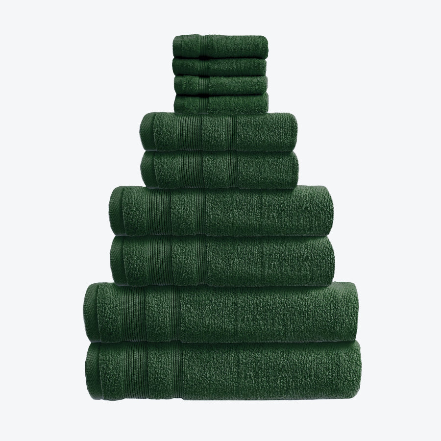Dark green Zero Twist 10pc Towel Set Egyptian Cotton Bathroom Towel Bale. Hand Towels, Bath Towels, Bath Sheets, and Face Cloths