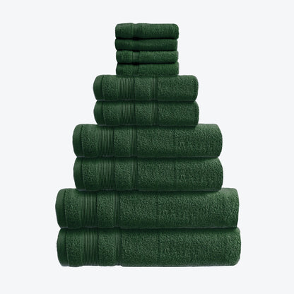 Dark green Zero Twist 10pc Towel Set Egyptian Cotton Bathroom Towel Bale. Hand Towels, Bath Towels, Bath Sheets, and Face Cloths