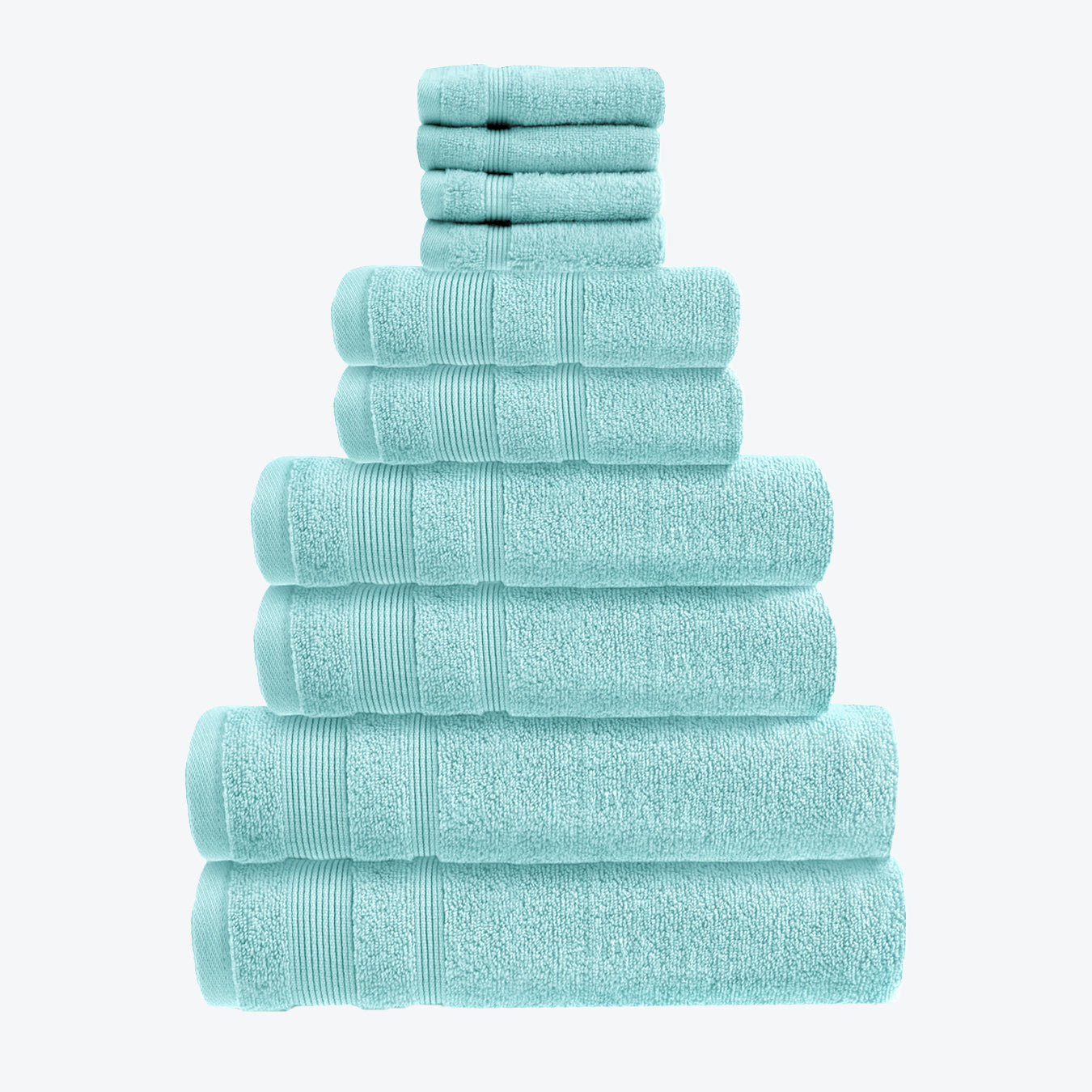 Duck Egg Blue Zero Twist 10pc Towel Set Egyptian Cotton Bathroom Towel Bale. Hand Towels, Bath Towels, Bath Sheets, and Face Cloths