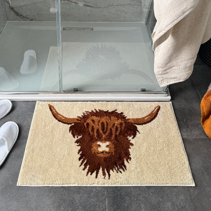 Neutral highland cow rug for the bathroom. Plush soft microfibre bath mat or doormat. 