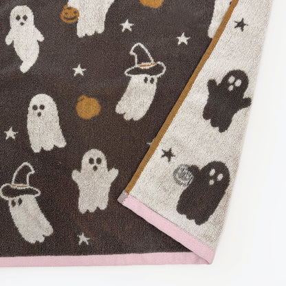 Funny Halloween Ghosts towels in hand towel size. White grey and pink Halloween tea towels.