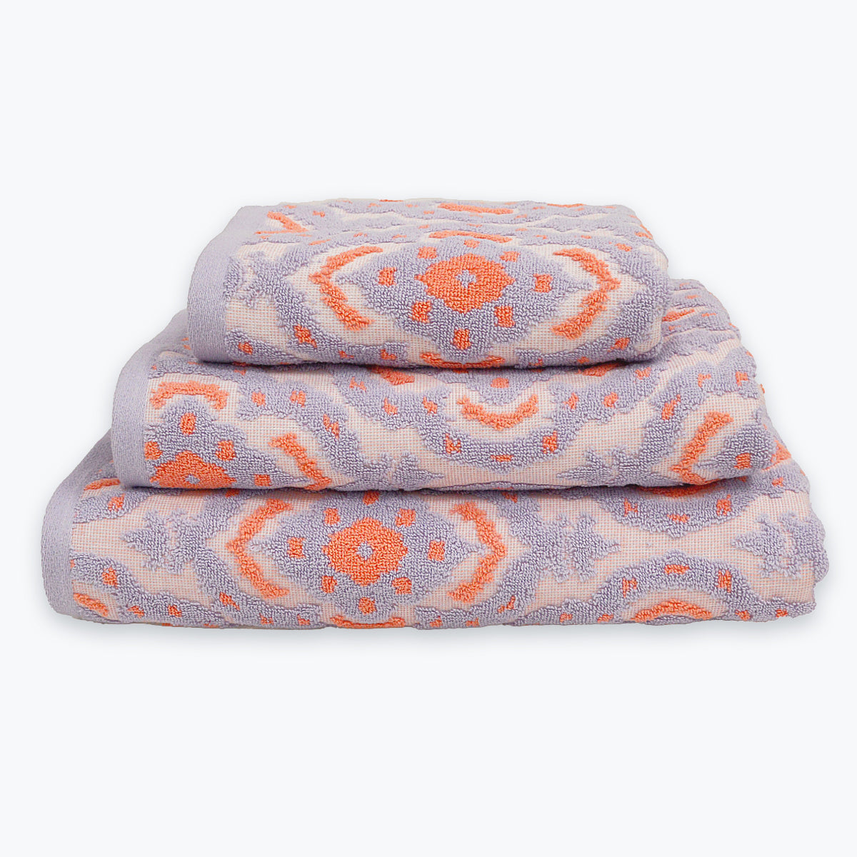 Patterned Sculpted Towels, colourful lilac and apricot bath towel set