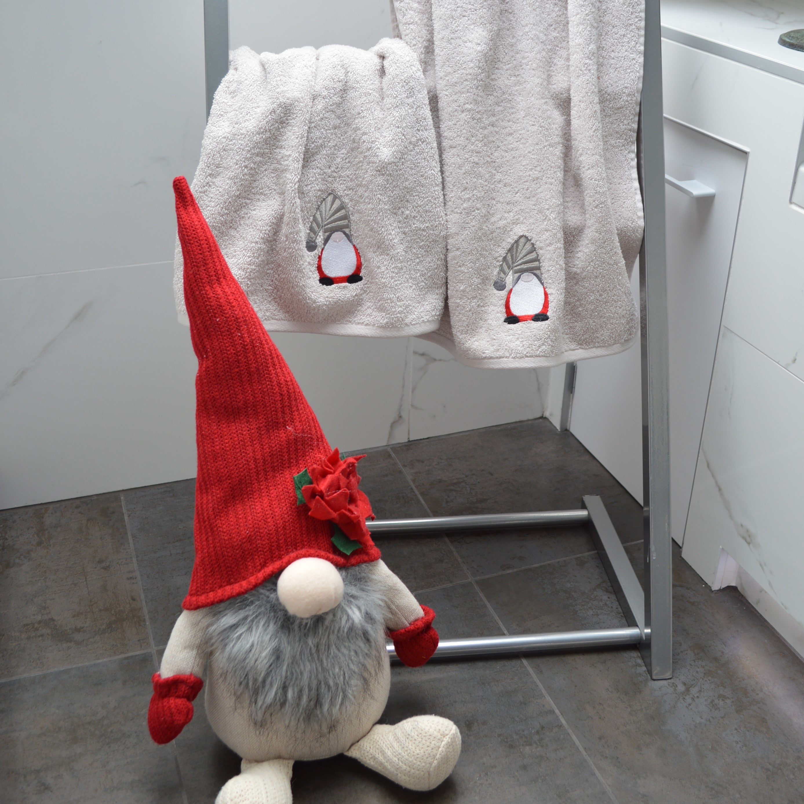 Christmas Towel Set - 2pc Gonk Towels - Grey Christmas Decor for the Bathroom and Home