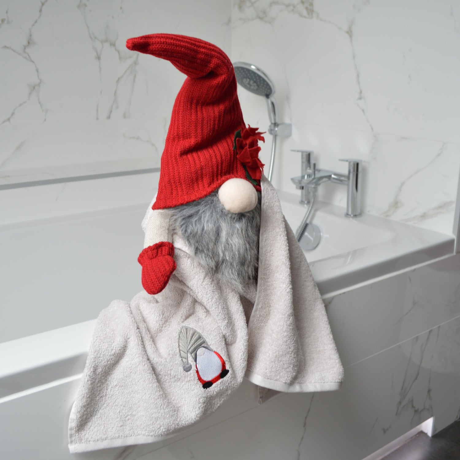 Festive Gonk Towels - Christmas Grey Hand Towels - Bathroom Towels / Tea Towels