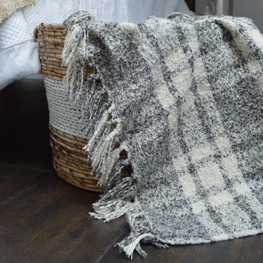 grey and white tartan throw, chenille.