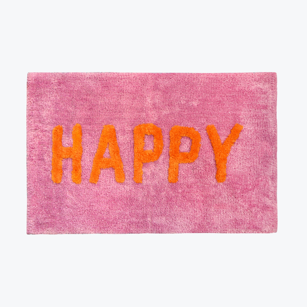 Pink happy slogan bath mat, non slip.