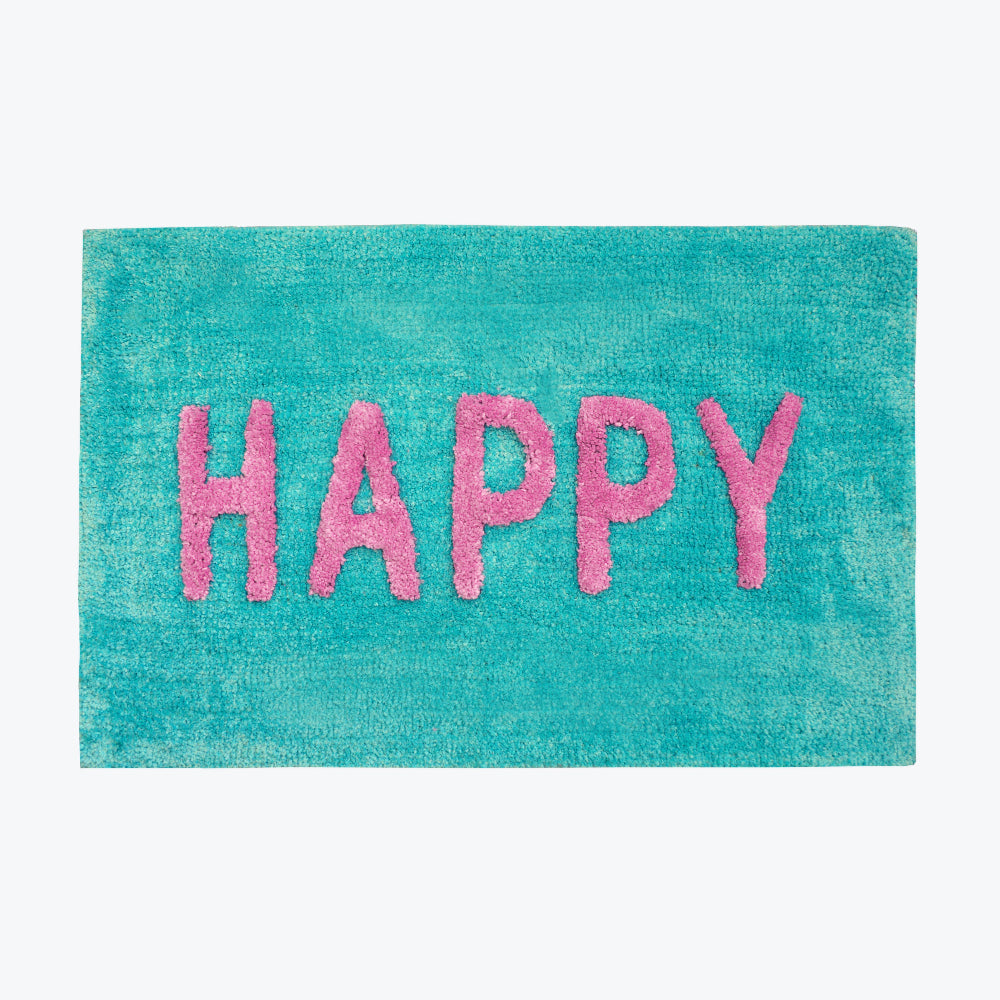 Turquoise and pink slogan bathroom mat, happy 3d design. 