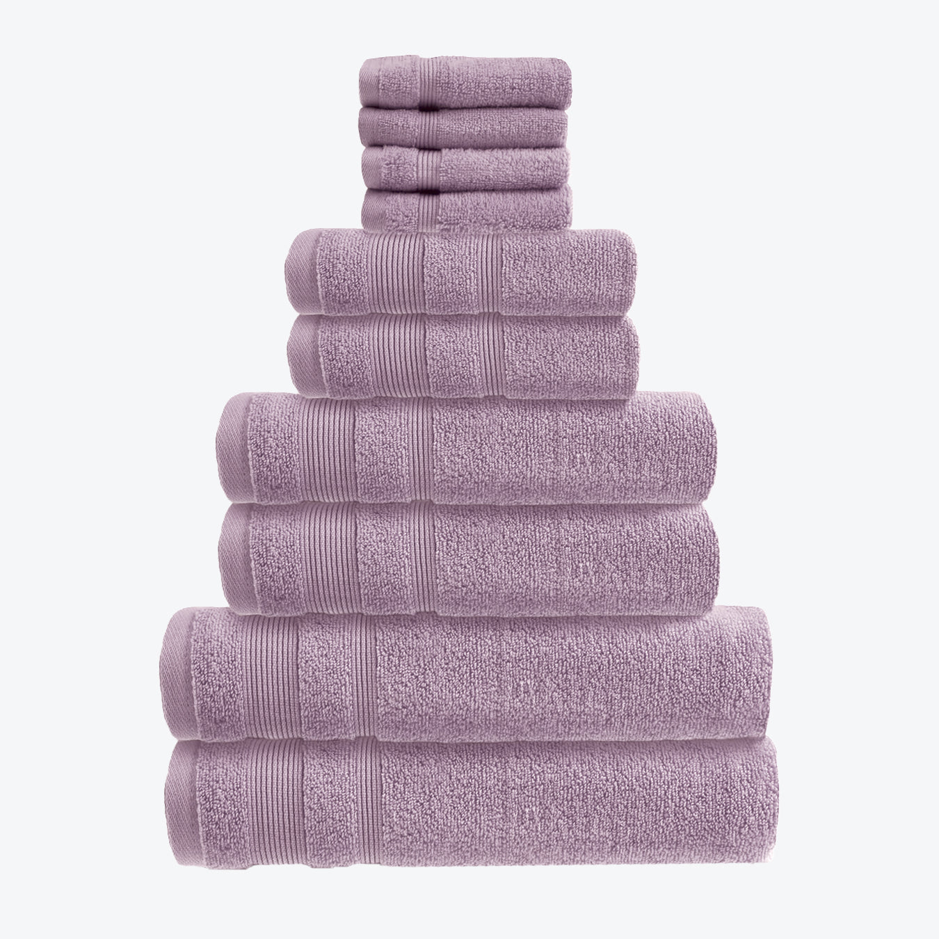 Heather Lilac Zero Twist 10pc Towel Set Egyptian Cotton Bathroom Towel Bale. Hand Towels, Bath Towels, Bath Sheets, and Face Cloths