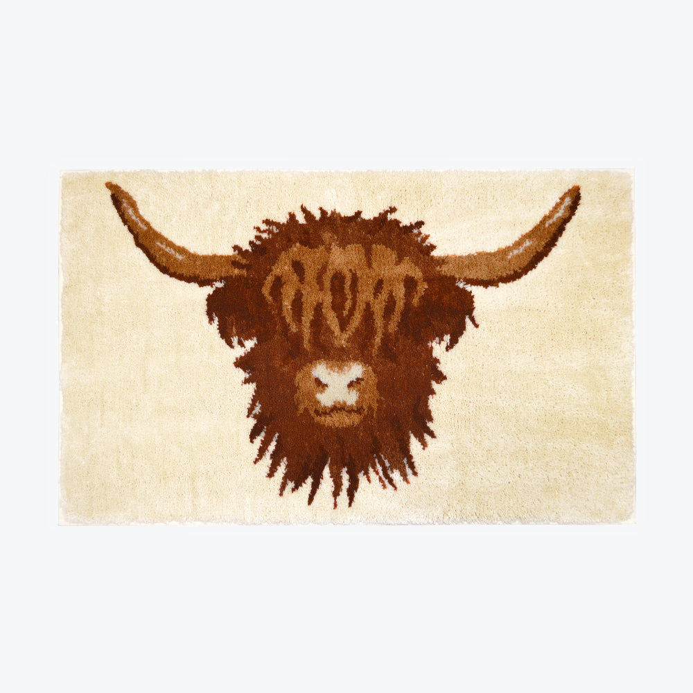 Cream Highland Cow bath mat, cute country cottage design washable rug.