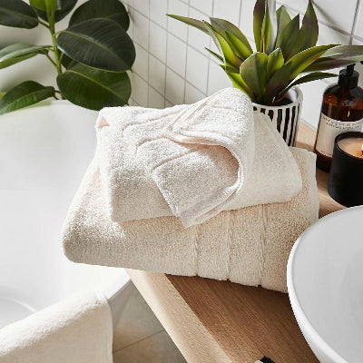 Plain bath towels and sheets.