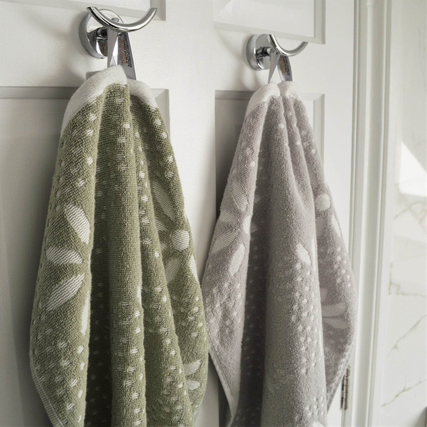 Marrakesh Towels hung on a hook using hanging loops