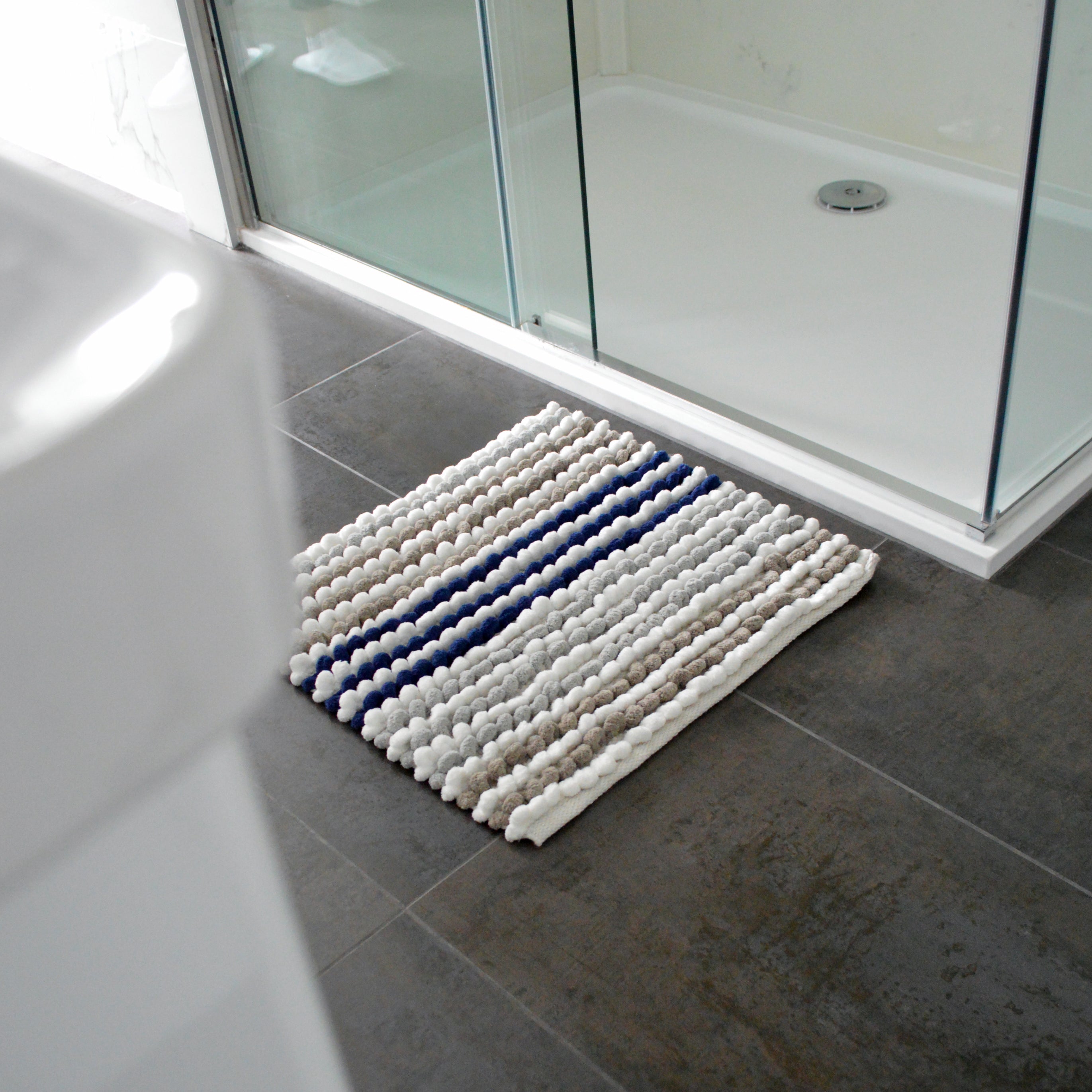 Navy/Grey Striped Square Bath Mat - Luxury Bobble Shower Mat