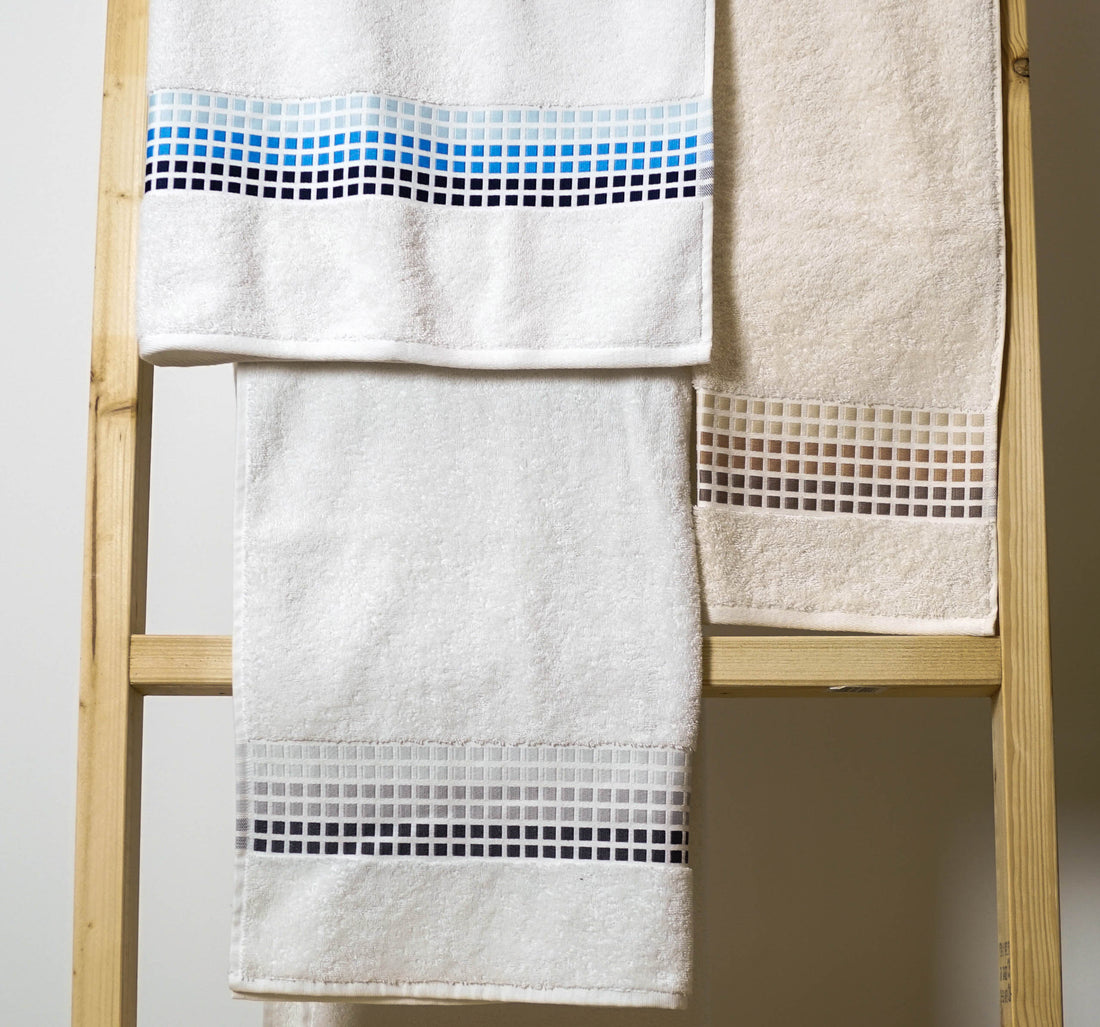 Mosaic patterned bath towels on sale.