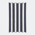 Navy blue striped beach towel with scalloped edge, made from cotton.