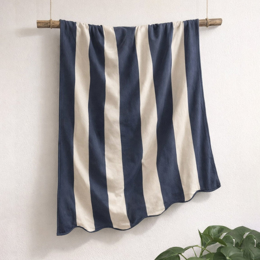 Navy and white striped beach towel with scalloped edges - extra large towel for the beach, reversible design.