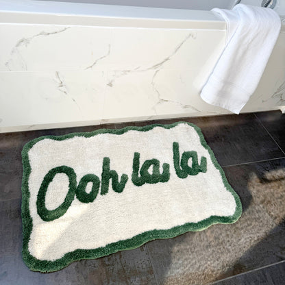 Cream and green slogan bath mat, French ooh la la design.
