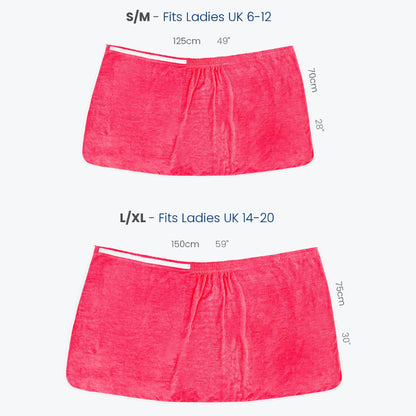 Towel wrap size guide for ladies. Soft and secure shower wrap towel with hook and eye fastening.