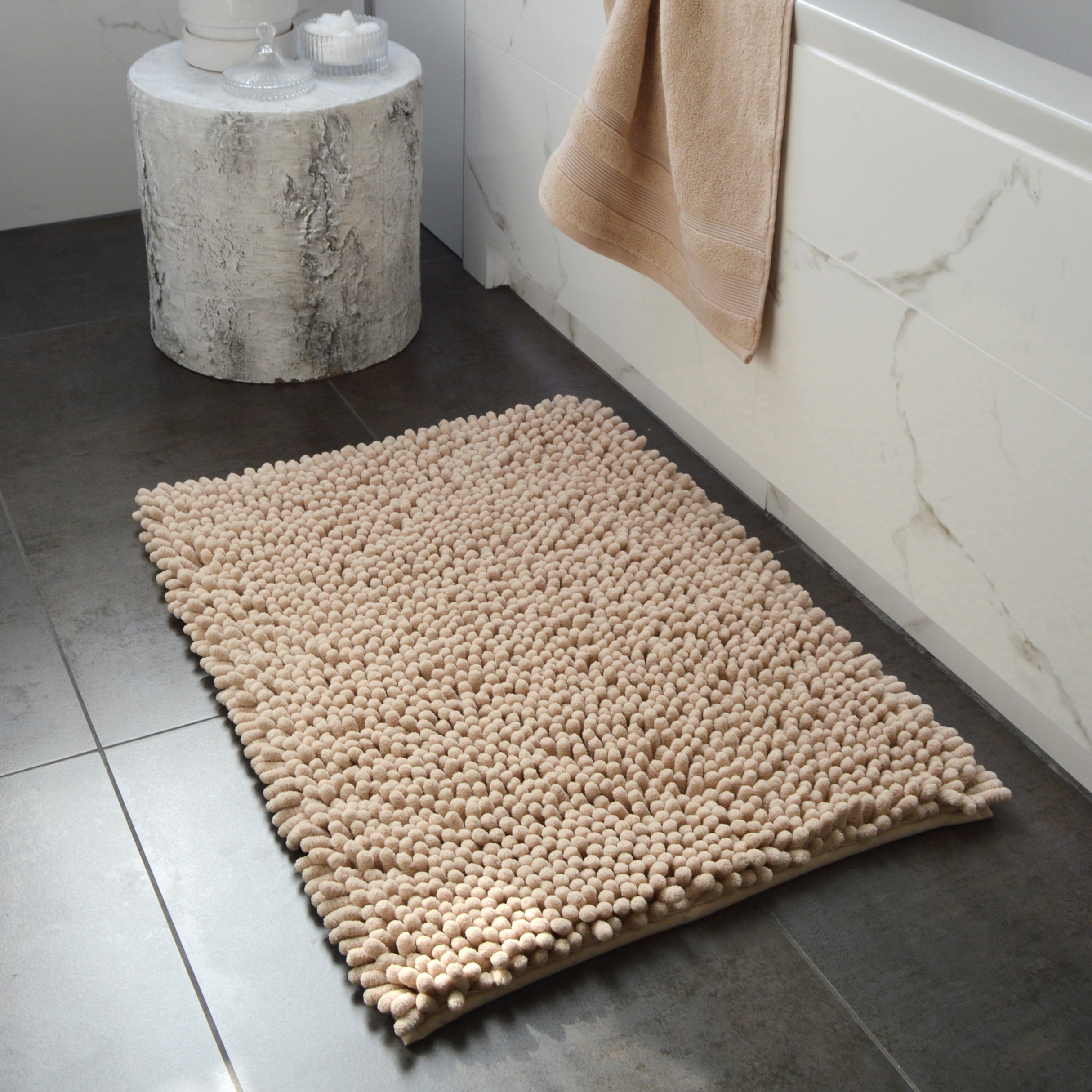 Stone beige chunky bobble chenille bath mats