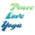 Text 'Peace Love Yoga' in green, blue, and black on a white background