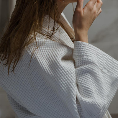 White waffle bath robe, hotel dressing gown