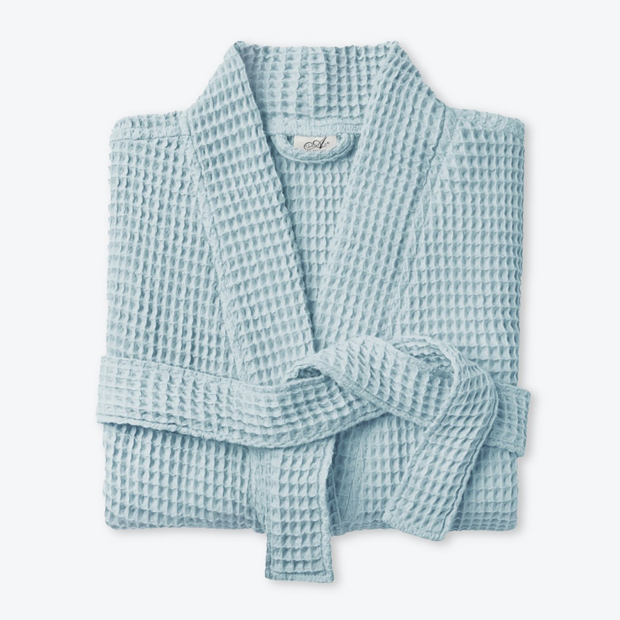 Baby blue dressing gown with waffle texture, unisex fit bathrobe.