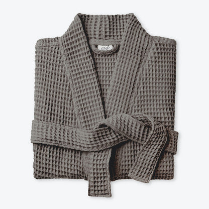 Charcoal grey spa waffle bathrobe, cosy lightweight bath dressing gown, soft and absorbent.