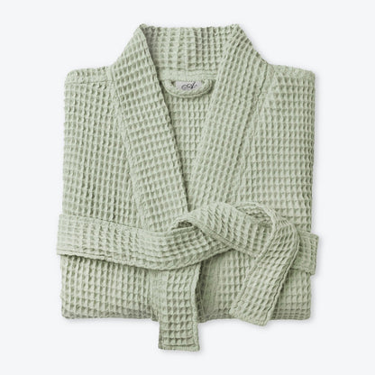 Sage green spa waffle bathrobe, cosy lightweight bath dressing gown, soft and absorbent.
