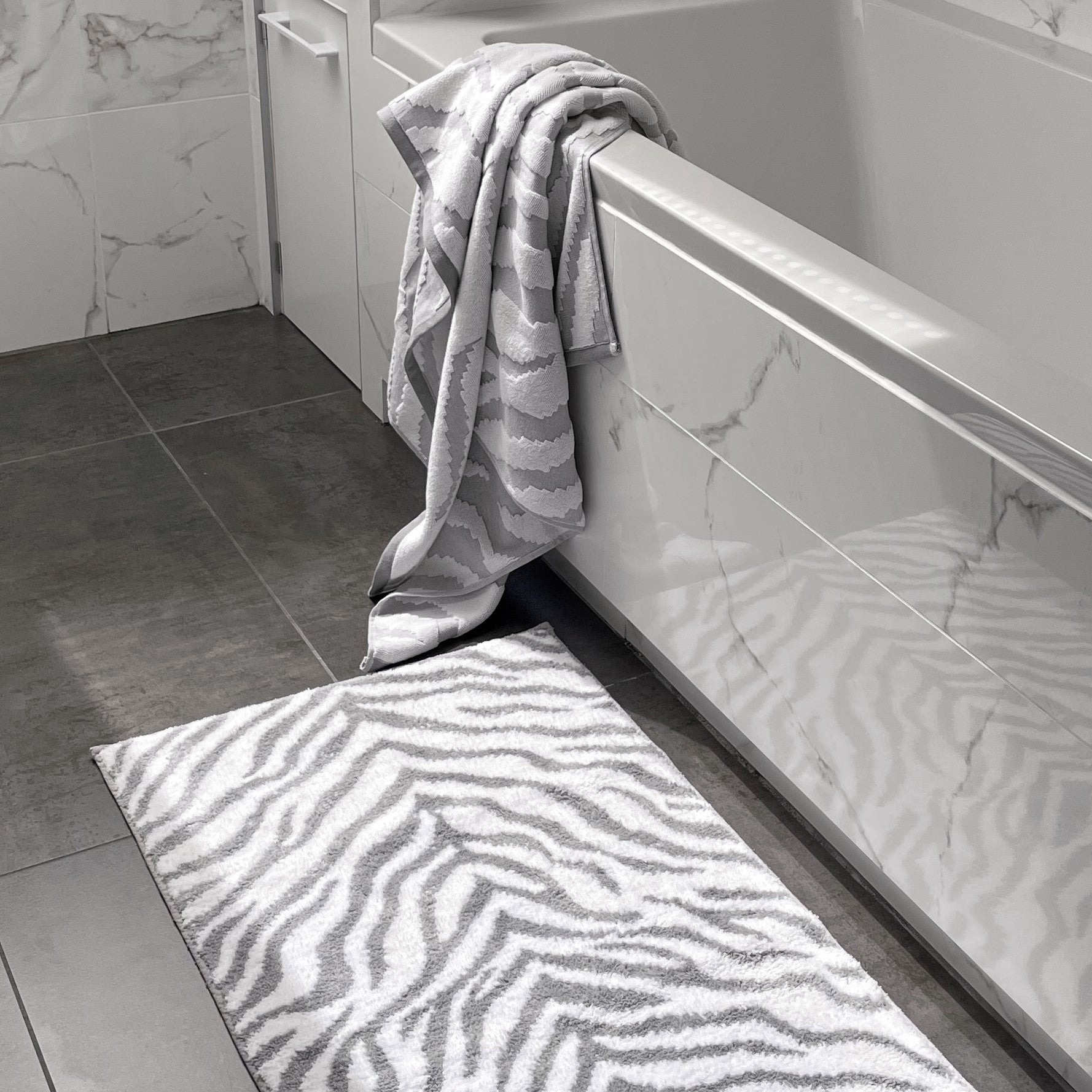 Zebra print towels and bath mat