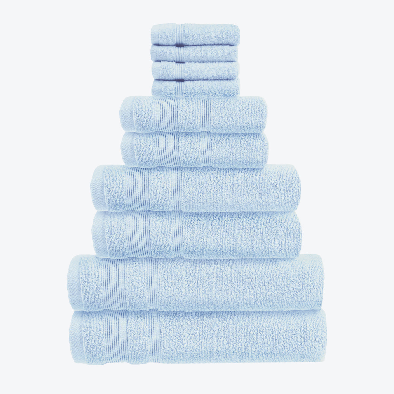 Baby Blue Zero Twist 10pc Towel Set Egyptian Cotton Bathroom Towel Bale. Hand Towels, Bath Towels, Bath Sheets, and Face Cloths