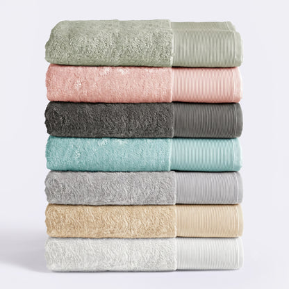 Bamboo cotton bathroom towels in a variety of staple colours. Sustainable bath towels and hand towels for sensitive skin.