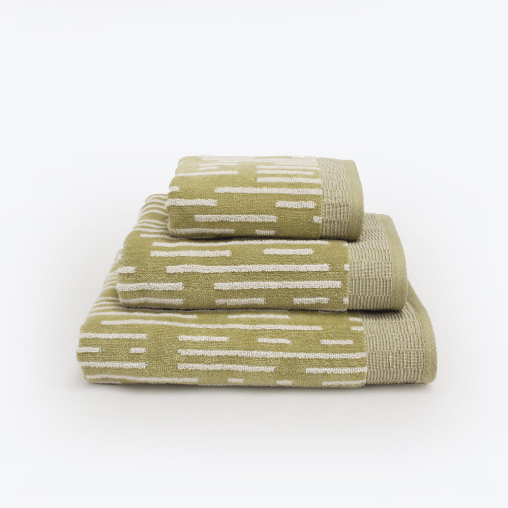 Sage green stripe patterned towels