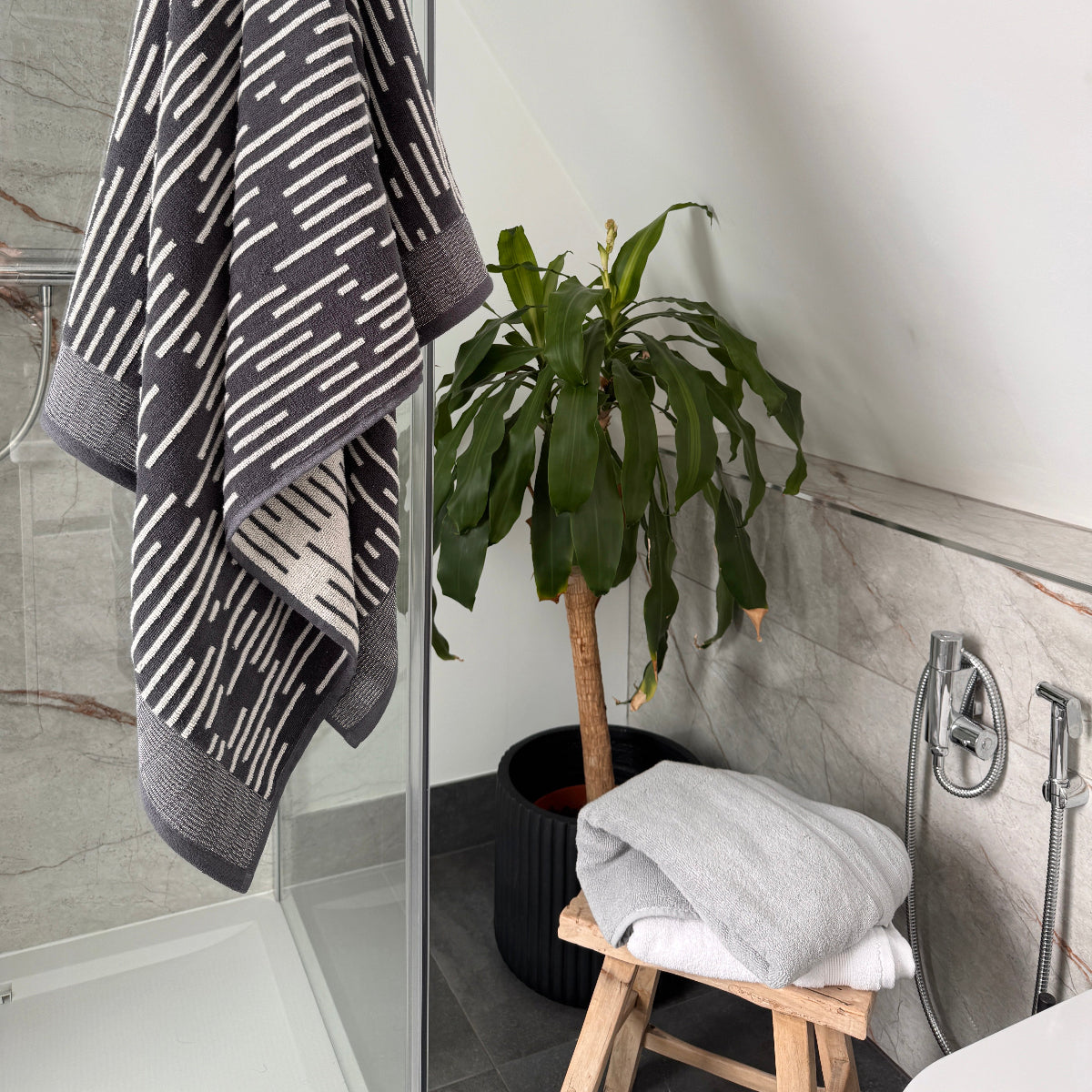 Black and white striped bath towels