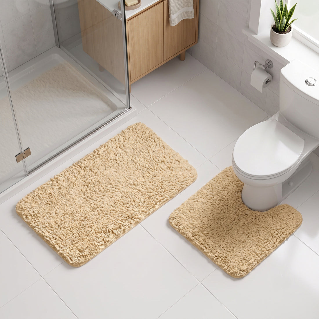 Beige two piece bath mat and pedestal mat set for the bathroom - non slip backing.