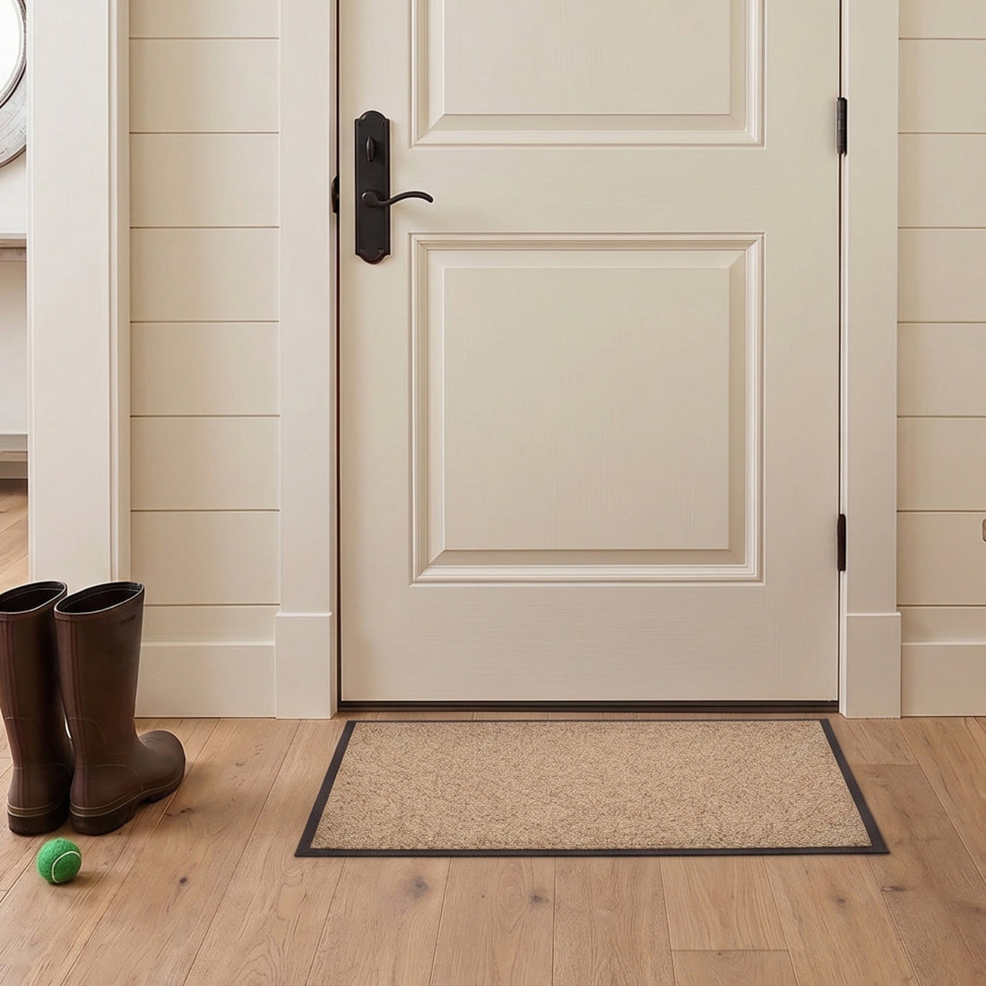 Beige and black rubber door mat, washable.