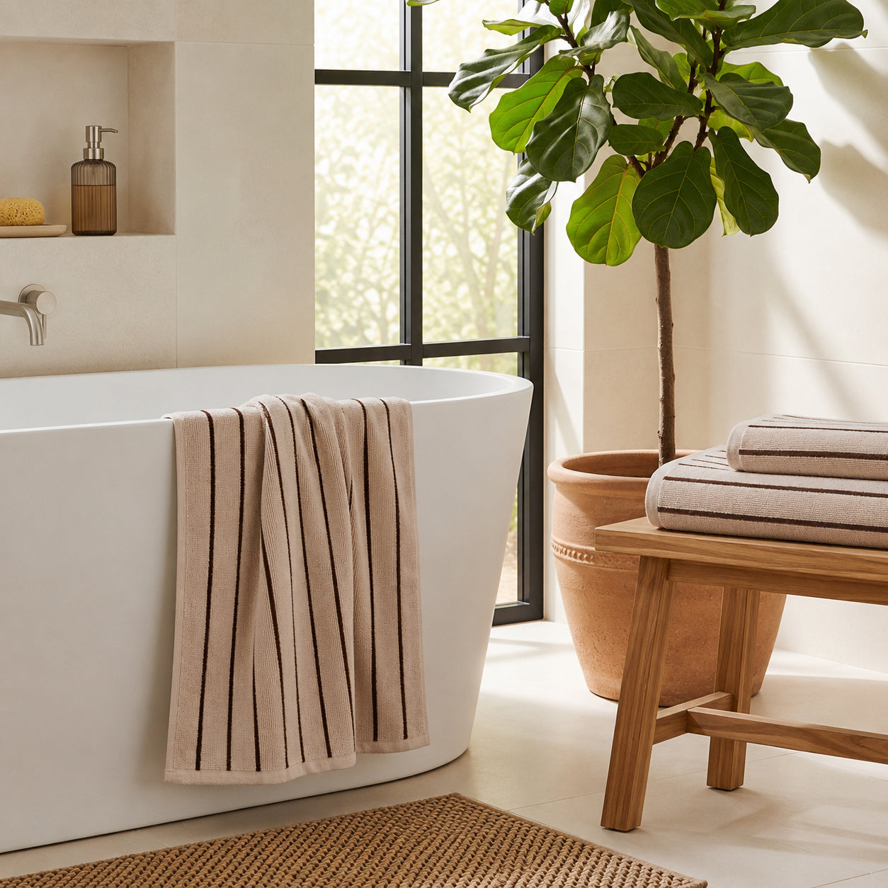 Set of striped towels for the bathroom in beige and brown colours - timeless and contemporary design.