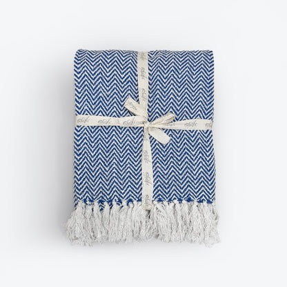 Blue herringbone throw blanket with tasselled fringe - 100% cotton throw.