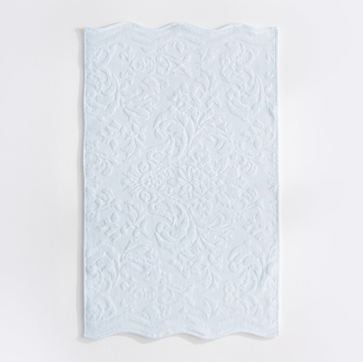 Baby blue scalloped bathroom towels in textured floral jacquard design - 100% cotton towels.