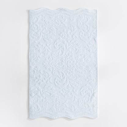 Baby blue scalloped bathroom towels in textured floral jacquard design - 100% cotton towels.