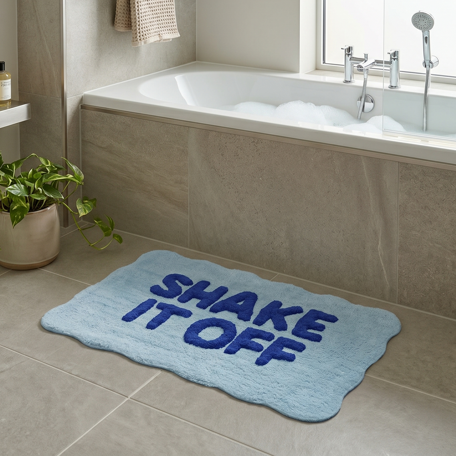 Blue funny bathroom decor - slogan shake it off bath mat with non slip backing.