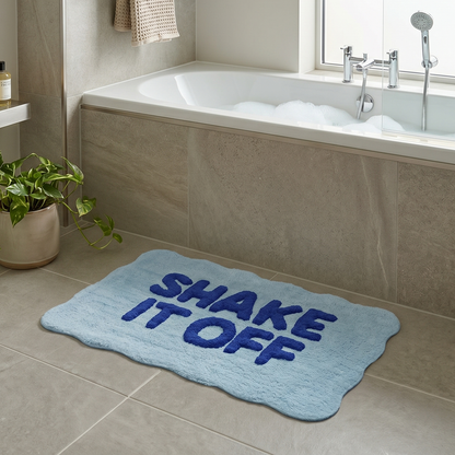 Blue funny bathroom decor - slogan shake it off bath mat with non slip backing.
