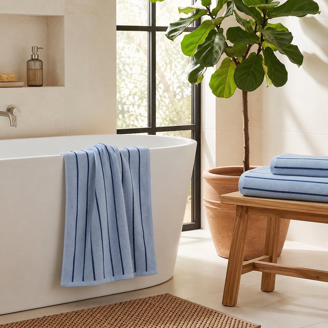 A set of blue striped bathroom towels in hand towel, bath towel, and bath sheet sizes - timeless pinstripe pattern.