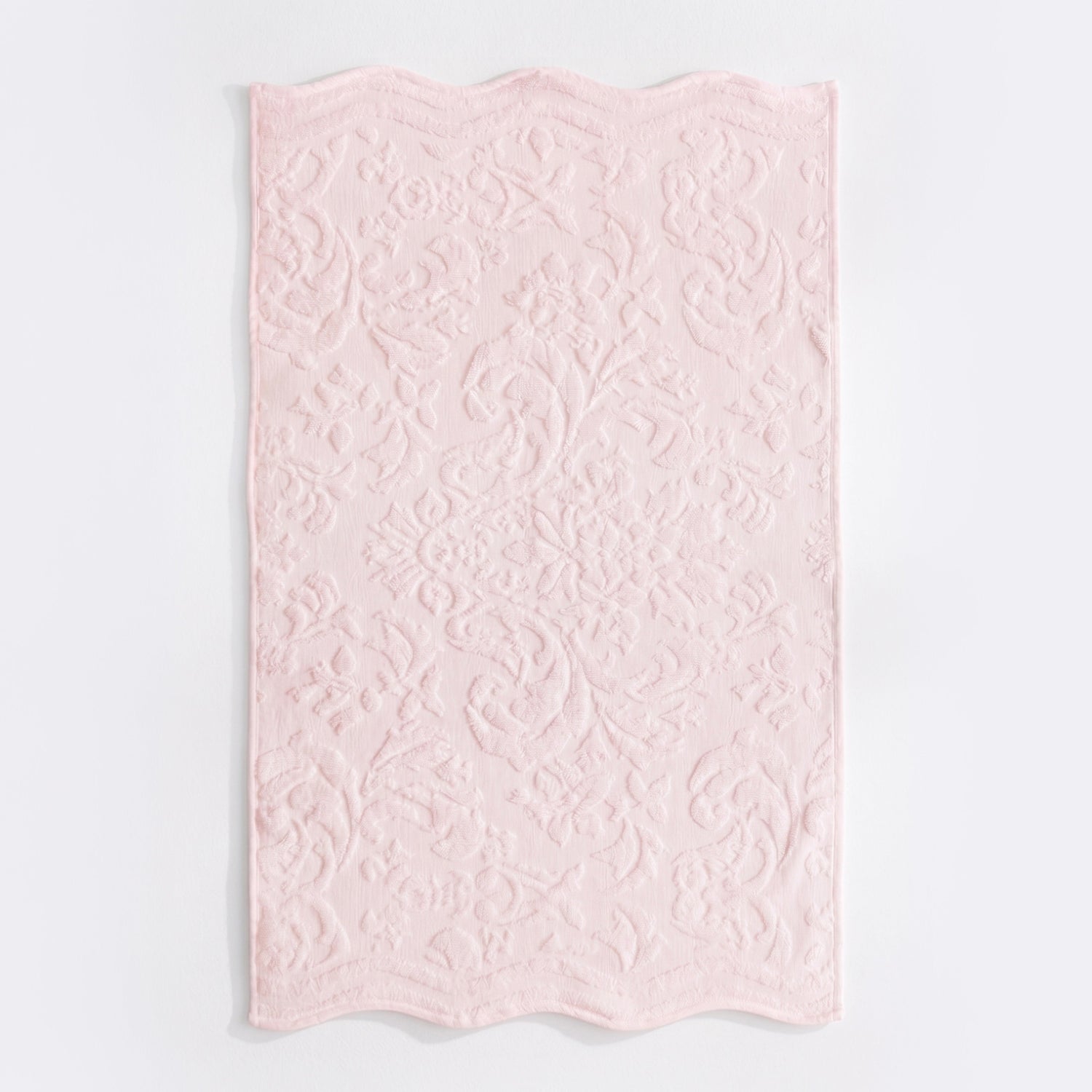 Blush pink scalloped bathroom towels in textured floral jacquard design - 100% cotton towels.