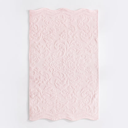 Blush pink scalloped bathroom towels in textured floral jacquard design - 100% cotton towels.