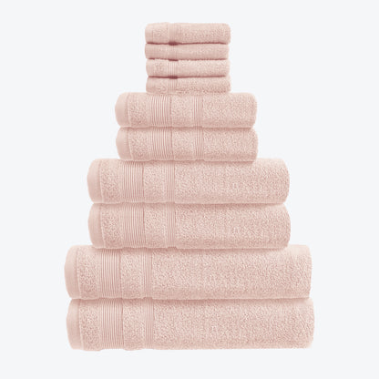 Blush Pink Zero Twist 10pc Towel Set Egyptian Cotton Bathroom Towel Bale. Hand Towels, Bath Towels, Bath Sheets, and Face Cloths