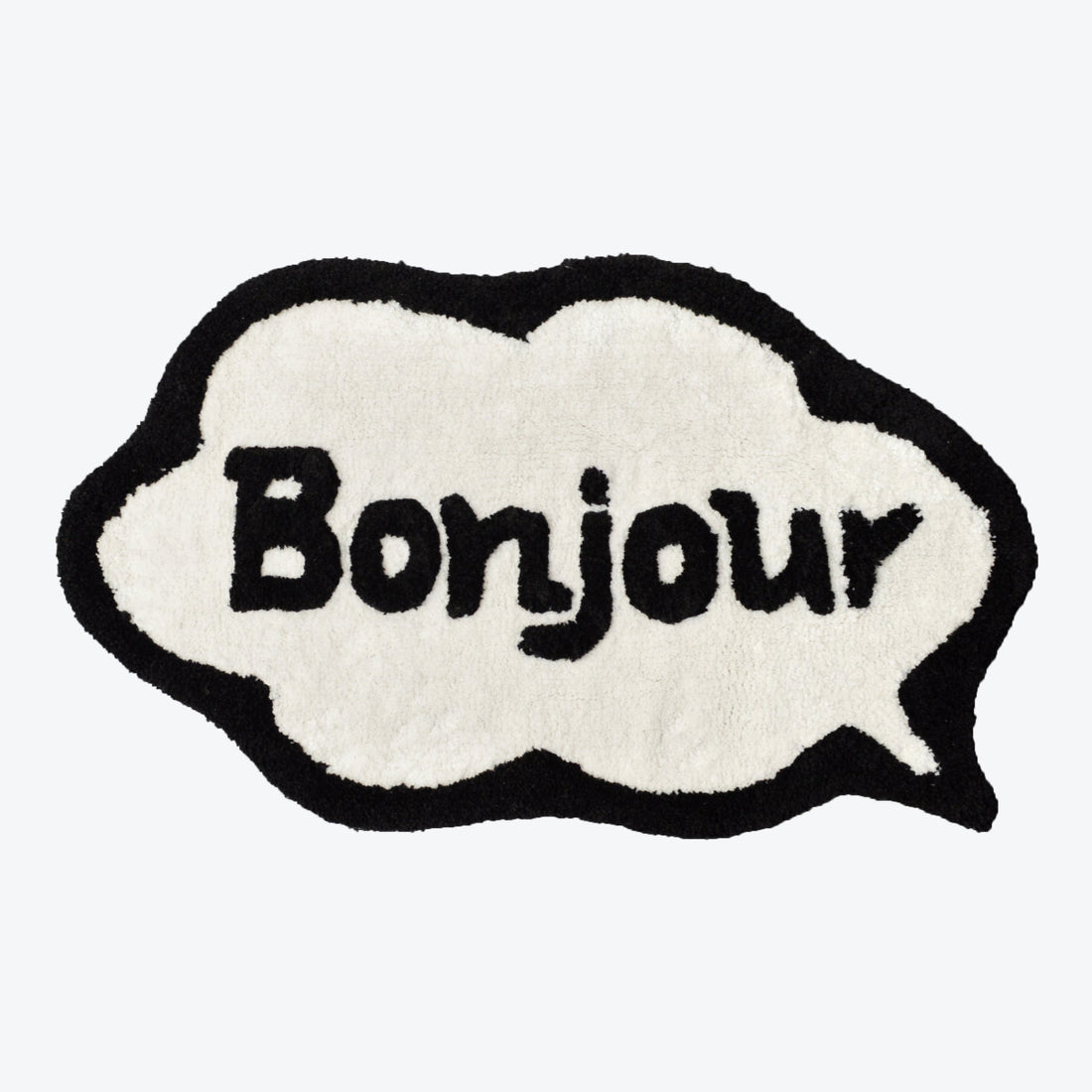 Bonjour slogan bath mat, hand tufted fun bathroom accessory. 