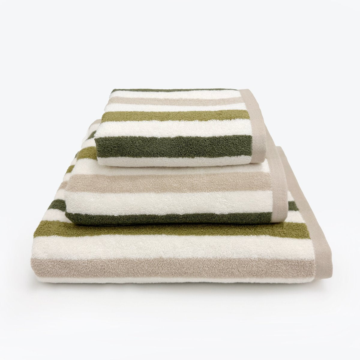 Green, neutral striped bathroom towels set. Patterned towels in three sizes: Hand towel, bath towel and bath sheet.