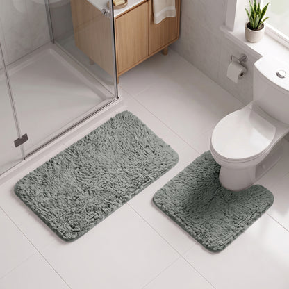 Charcoal grey 2pc set of bath mat and pedestal mat with non slip backing.